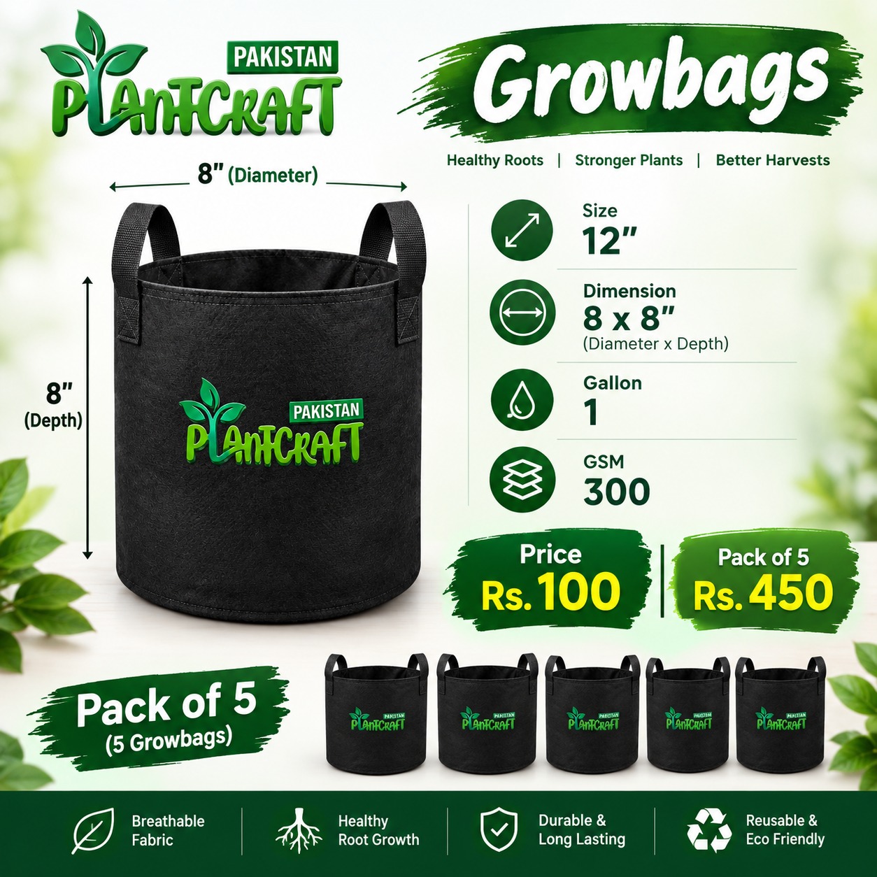 PlantCraft Fabric Grow Bags with Handles – 300 GSM